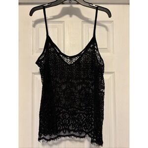 Whimsigoth Black Lace Open Babydoll Cami Crochet Strappy Layer Top Women's Large